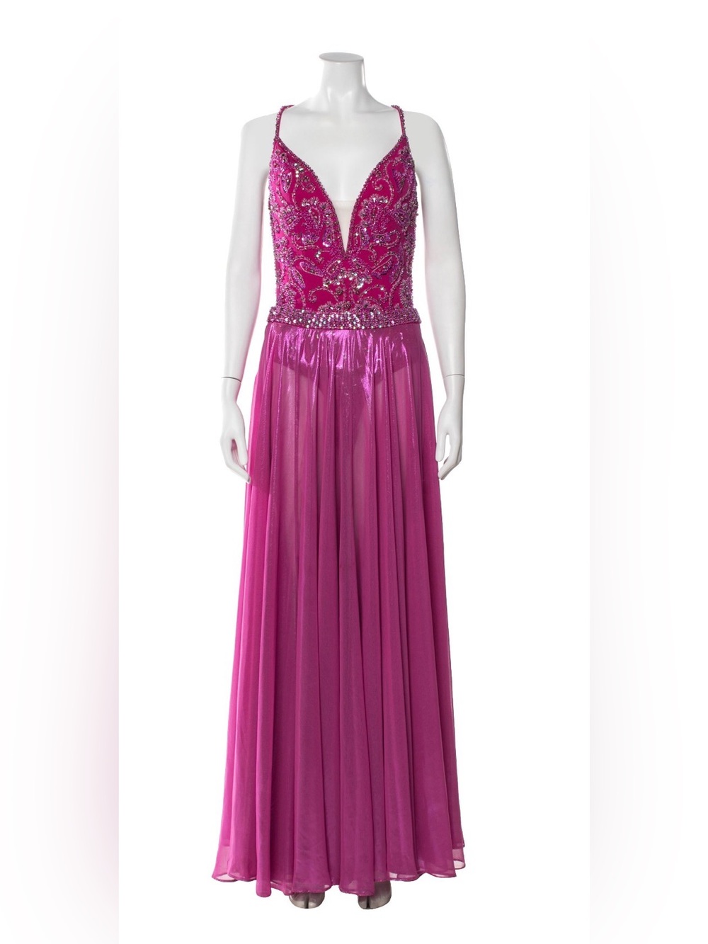 Jovani Fuchsia Beaded Plunge Prom Gown with High Slit - Picture 2 of 2